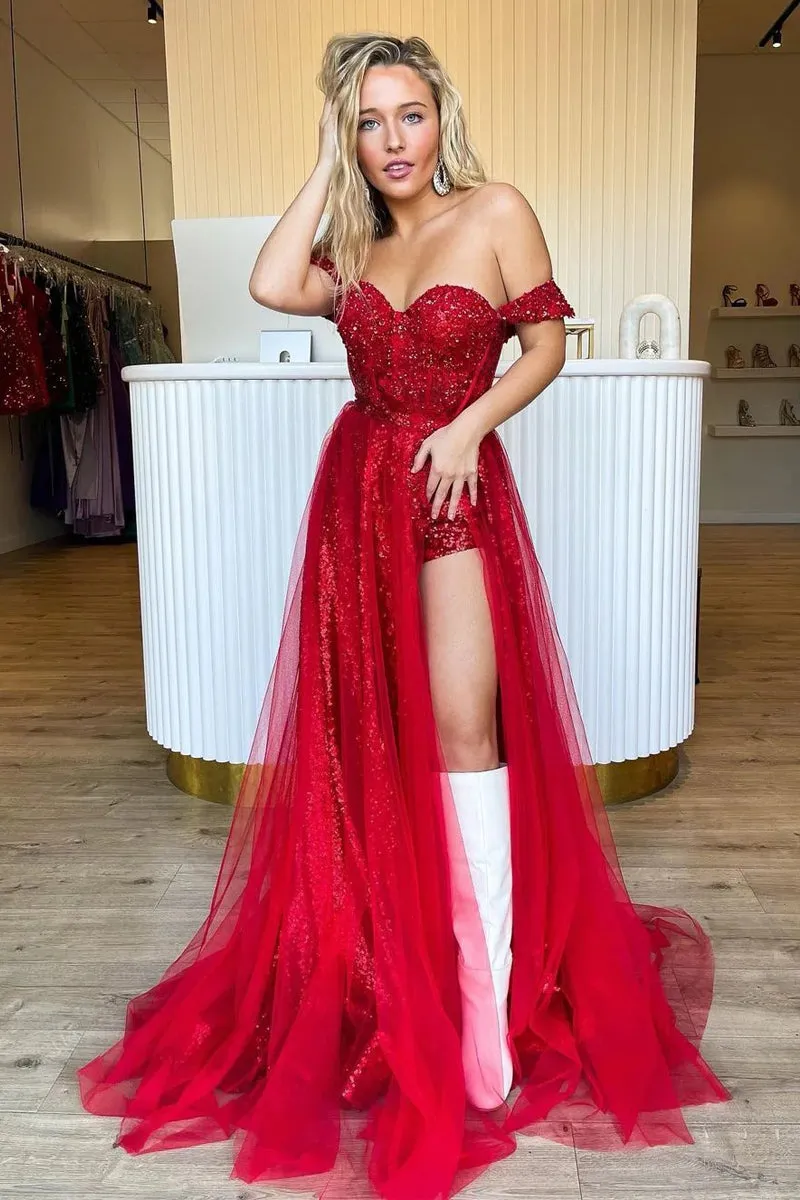 Ashlee | Sparkly Tow Piece Off the Shoulder Red Sequins Long Prom Dresses sold by KissProm