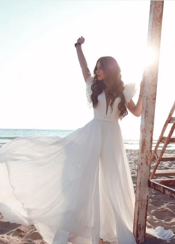 Chiffon A-Line V-Neck Short Sleeves Summer Bridal Dresses sold by KissProm