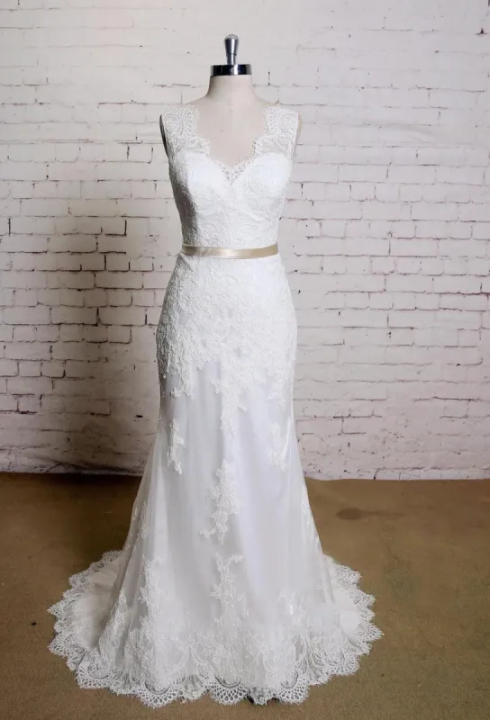 V-Neck Sleeveless Lace Mermaid Wedding Dress With Satin Sash sold by KissProm