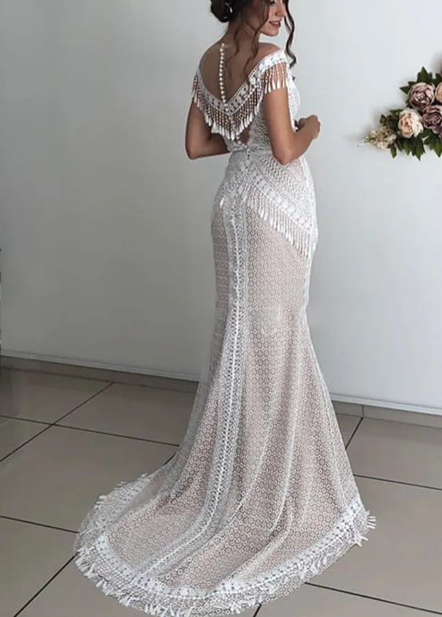 Chic Boho Tassel Lace Sleeveless Mermaid Wedding Dress sold by KissProm product image thumbnail 2