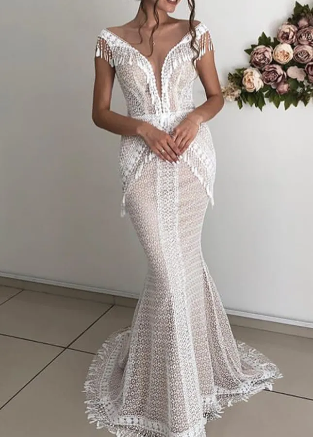 Chic Boho Tassel Lace Sleeveless Mermaid Wedding Dress sold by KissProm