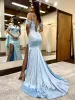 Blue Glitter Feather V Neck Long Prom Dress with Slit sold by KissProm