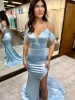 Blue Glitter Feather V Neck Long Prom Dress with Slit sold by KissProm