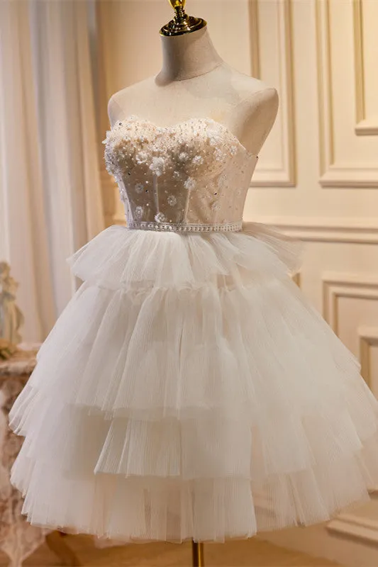 White Tulle 3D Floral Lace A-Line Tiered Homecoming Dress sold by KissProm product image thumbnail 2