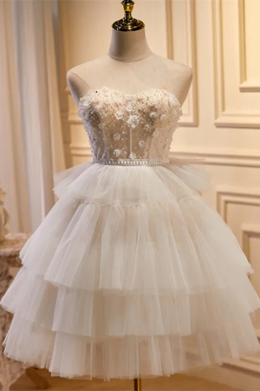 White Tulle 3D Floral Lace A-Line Tiered Homecoming Dress sold by KissProm