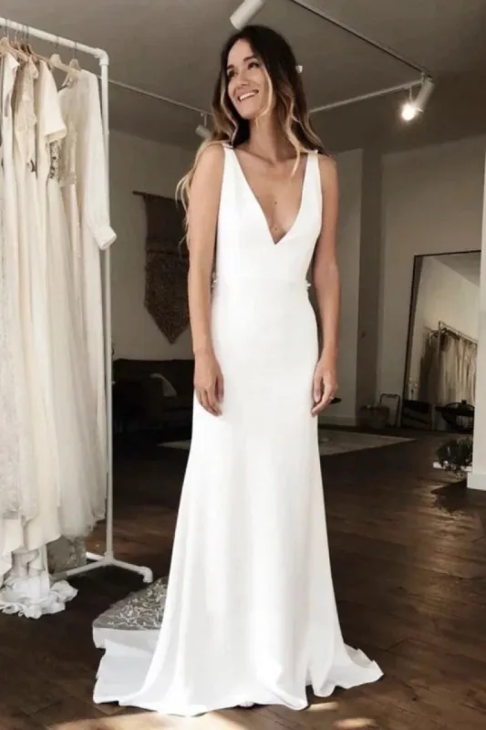 Lawren | Simple Sleeveless Plunging Satin Wedding Dress With Illusion Deep V-back And Lace sold by KissProm
