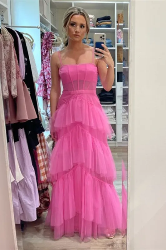 Princess Hot Pink Tiered Tulle Prom Dress sold by KissProm