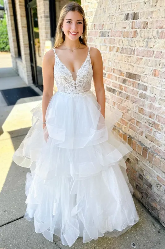 White Appliques Backless Multi-Layer Long Wedding Dress sold by KissProm