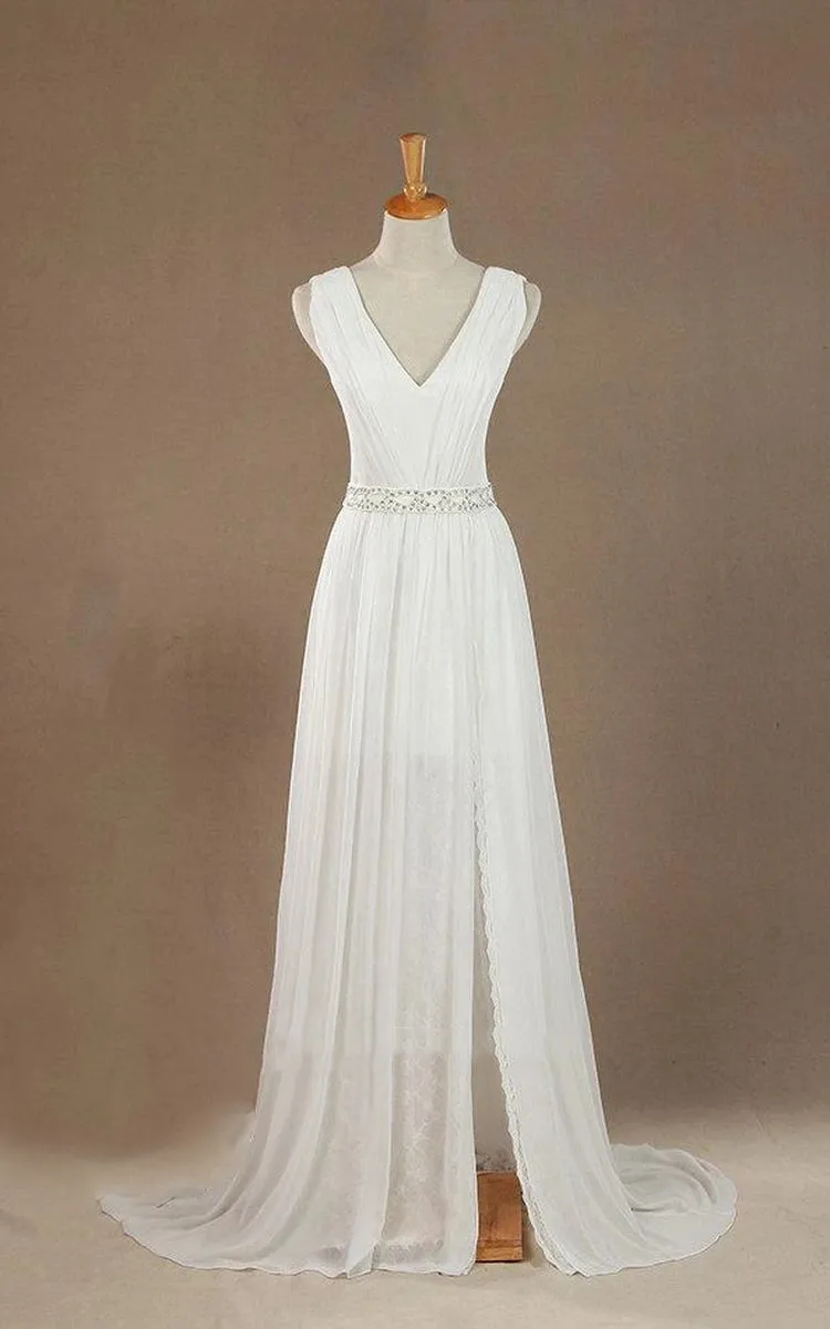 Sleeveless V-Neck Chiffon Beading High Slit Weddig Dress with Low-V Back sold by KissProm