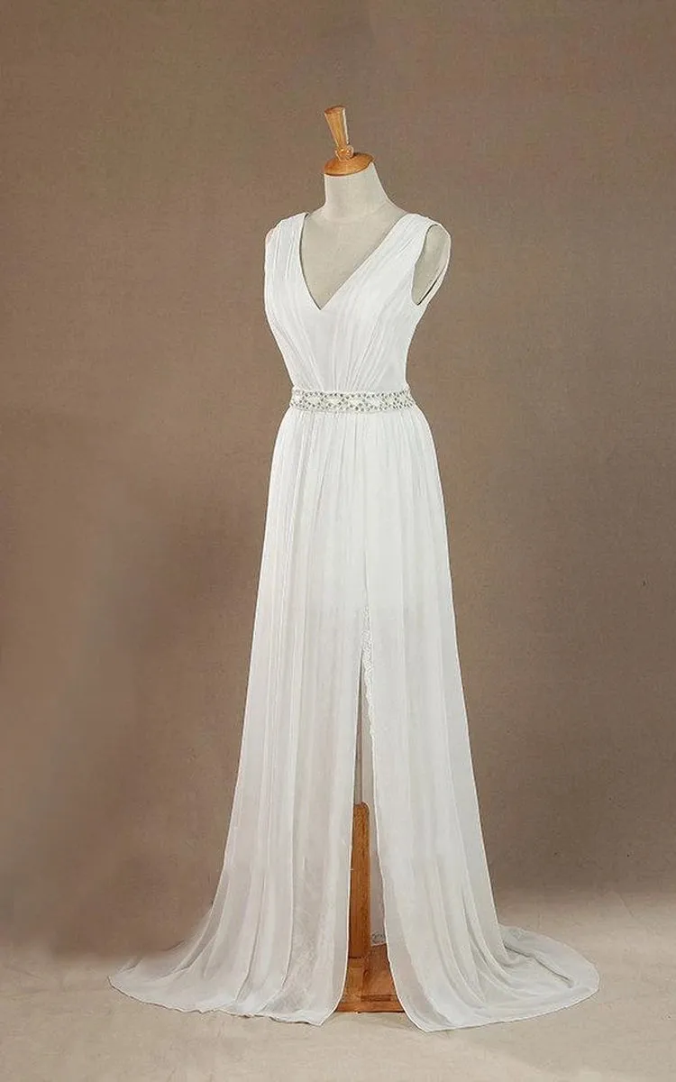 Sleeveless V-Neck Chiffon Beading High Slit Weddig Dress with Low-V Back sold by KissProm product image thumbnail 4
