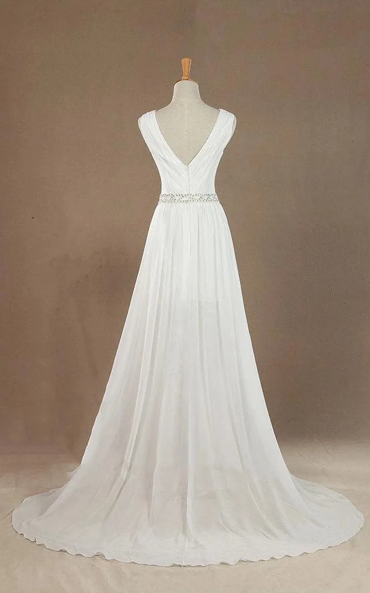 Sleeveless V-Neck Chiffon Beading High Slit Weddig Dress with Low-V Back sold by KissProm product image thumbnail 2