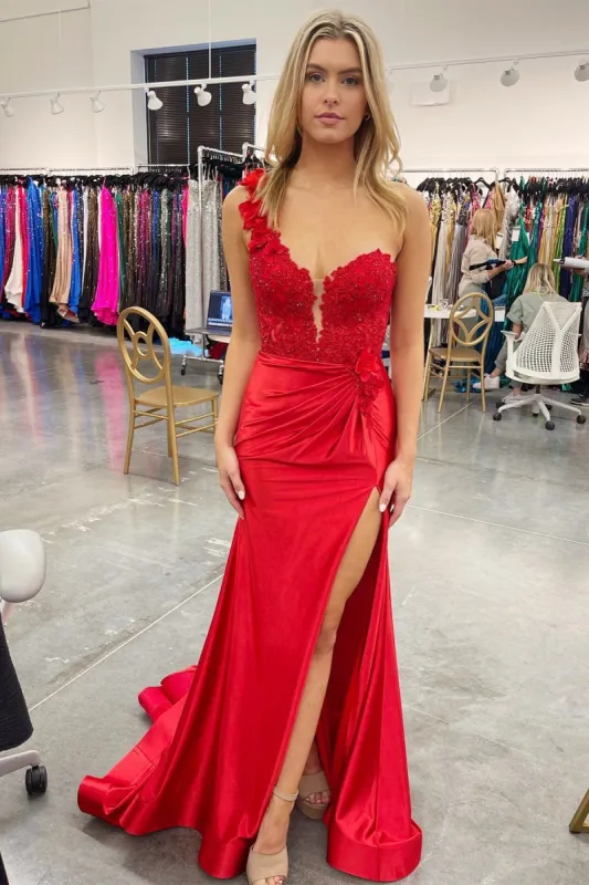 Red One-Shoulder 3D Floral Lace Pleated Long Gown with Slit sold by KissProm