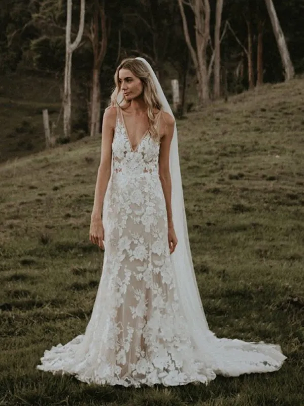 Floral Lace Appliques V Neck Sleeveless Mermaid Boho Wedding Dresses sold by KissProm