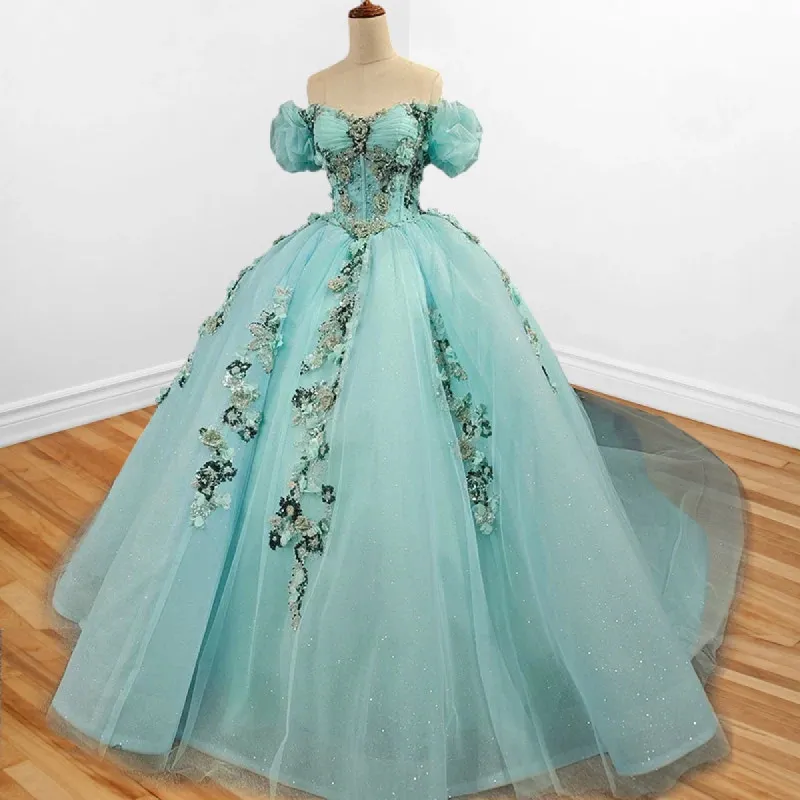 Mint Green Off Shoulder Court Train Quinceañera Dress sold by KissProm