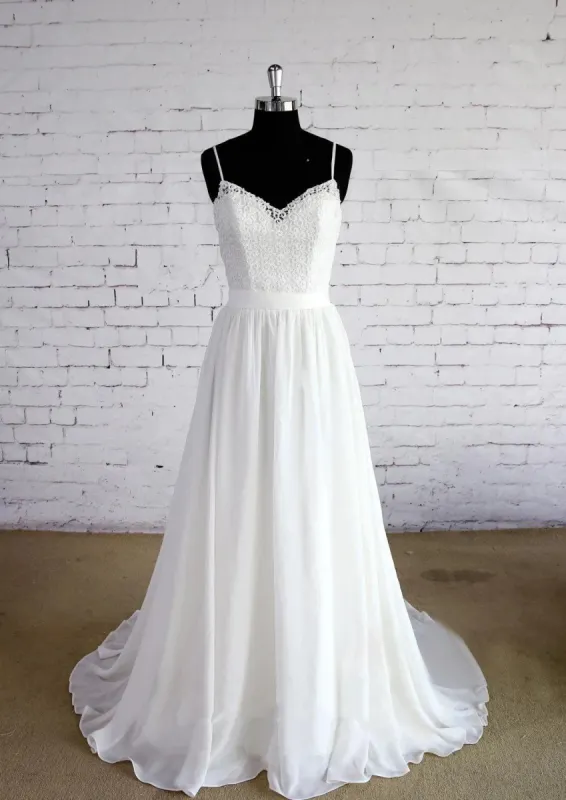 Spaghetti Strap A-Line Chiffon Sleeveless Zipper Backless Wedding Dress with Lace sold by KissProm