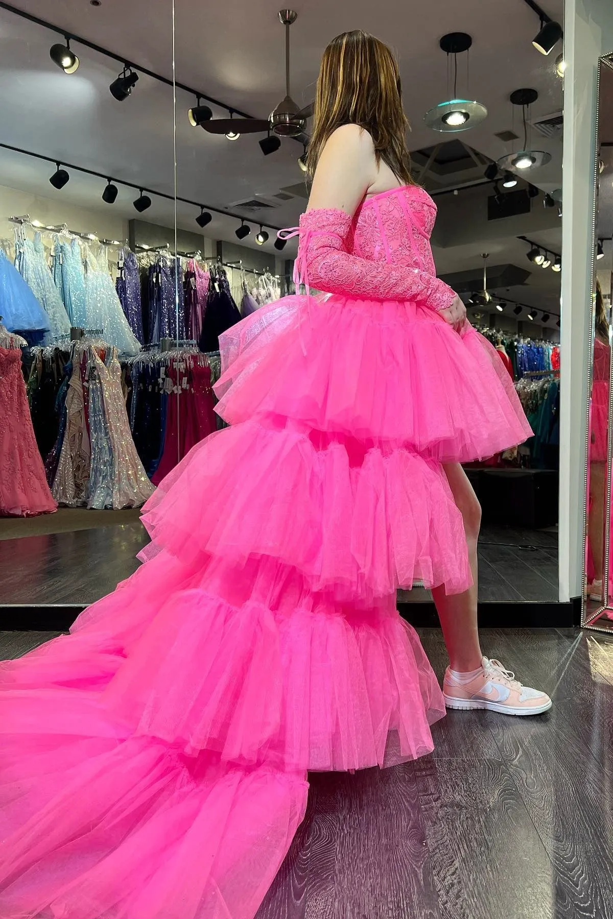 Sue | Hot Pink Off-Shoulder A-line Tulle Layers Applique Hi-Low Prom Dress sold by KissProm product image thumbnail 3