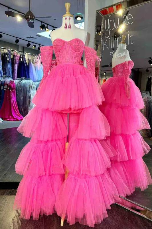 Sue | Hot Pink Off-Shoulder A-line Tulle Layers Applique Hi-Low Prom Dress sold by KissProm