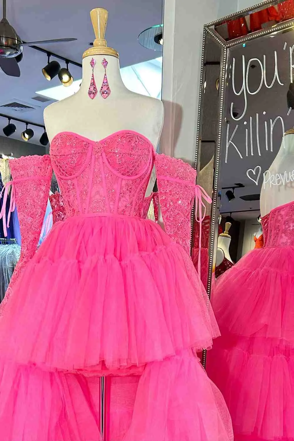 Sue | Hot Pink Off-Shoulder A-line Tulle Layers Applique Hi-Low Prom Dress sold by KissProm product image thumbnail 2