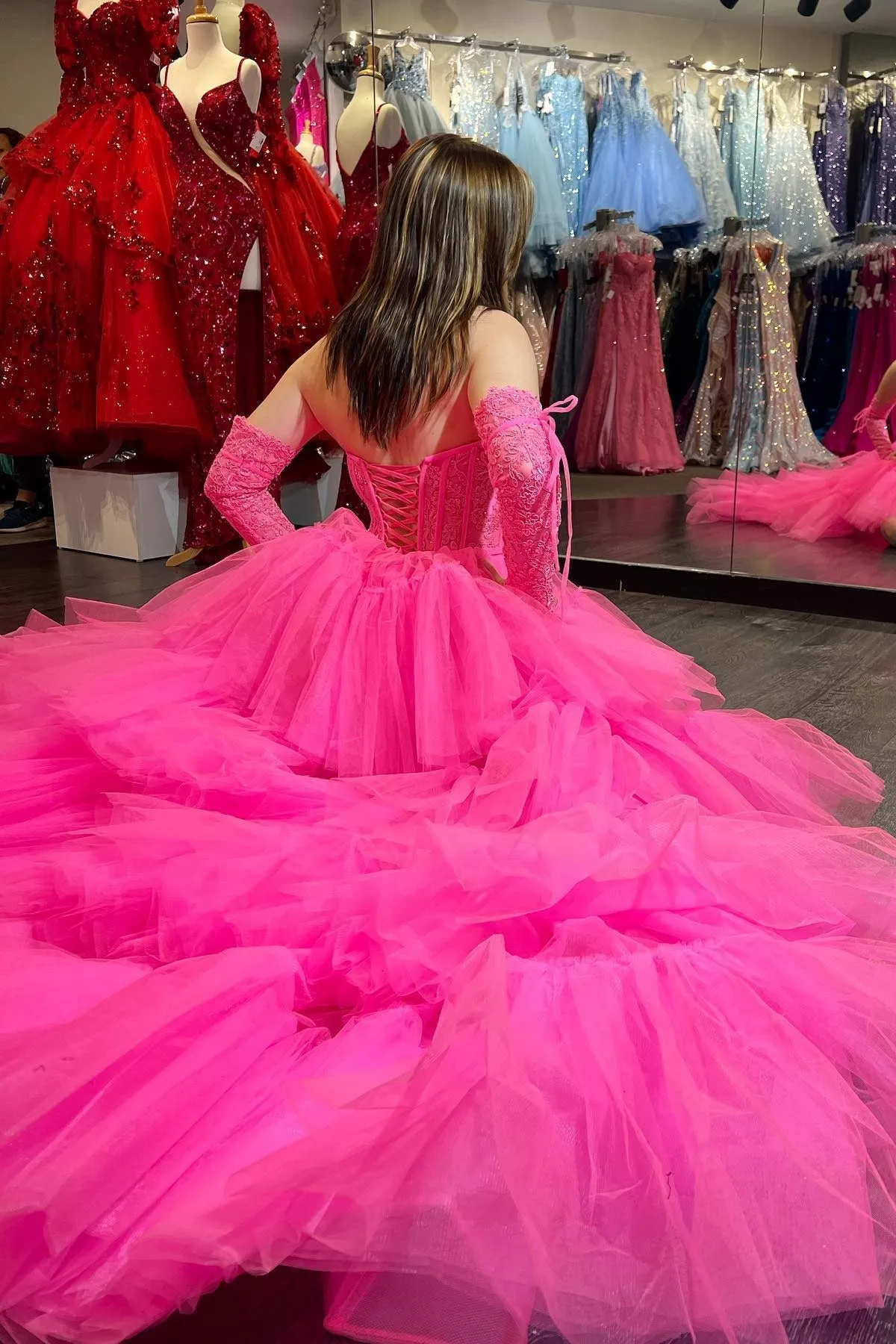 Sue | Hot Pink Off-Shoulder A-line Tulle Layers Applique Hi-Low Prom Dress sold by KissProm product image thumbnail 4