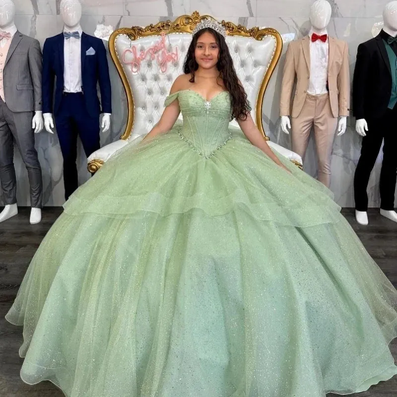 Sage Green Quinceanera Dress Off-Shoulder Corset Dress sold by KissProm