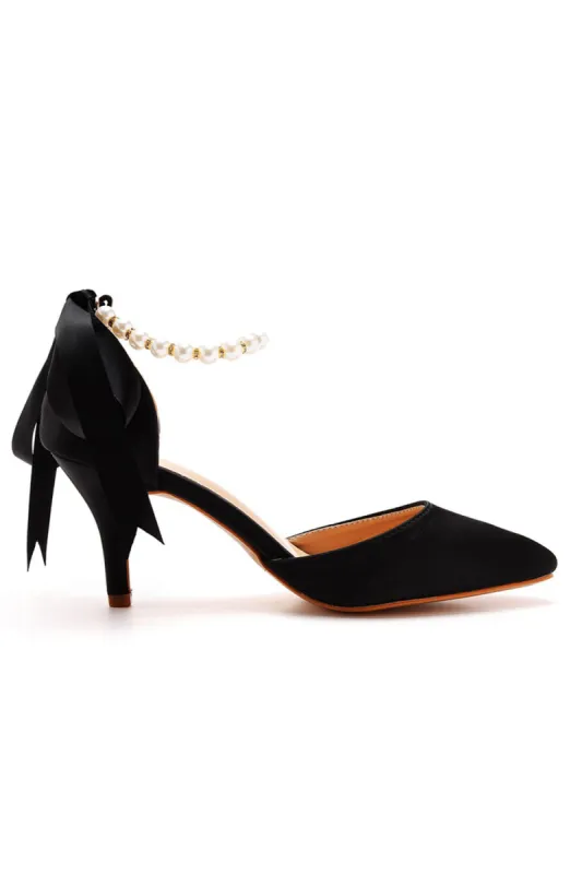 Pearl Ribbon Pointed Toe Ankle Strap Satin High Heels sold by KissProm