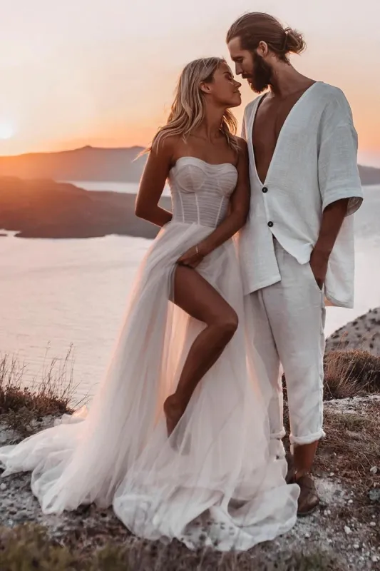 A-line Sweetheart Tulle High Split Bohemian Wedding Dresses sold by KissProm