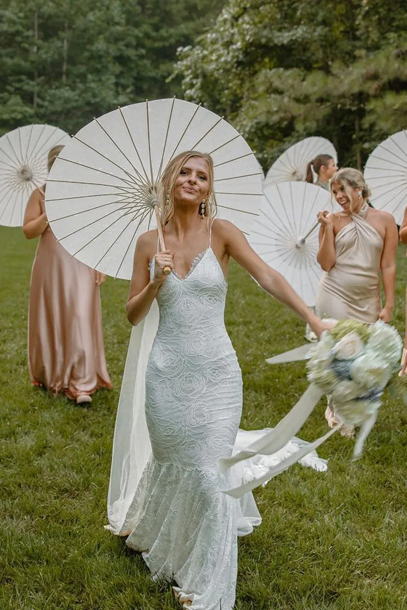 Boho Mermaid V Neck Lace Wedding Dresses sold by KissProm