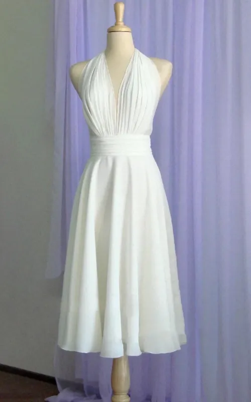 Sebella | Vintage Tea-Length Chiffon Wedding Dress With Halter Neck and Bow sold by KissProm