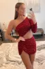 Red One Shoulder Sequins Cut-Out Homecoming Dress sold by KissProm