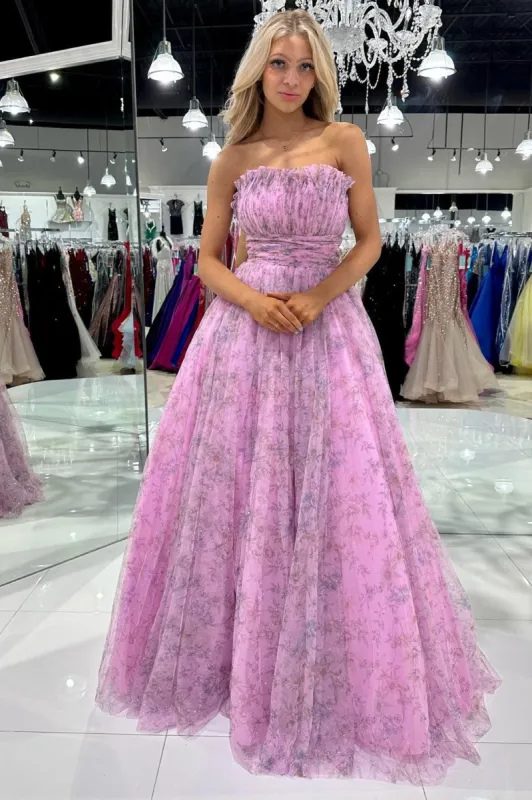 A line Strapless Printed Glitter Tulle Prom Dress sold by KissProm