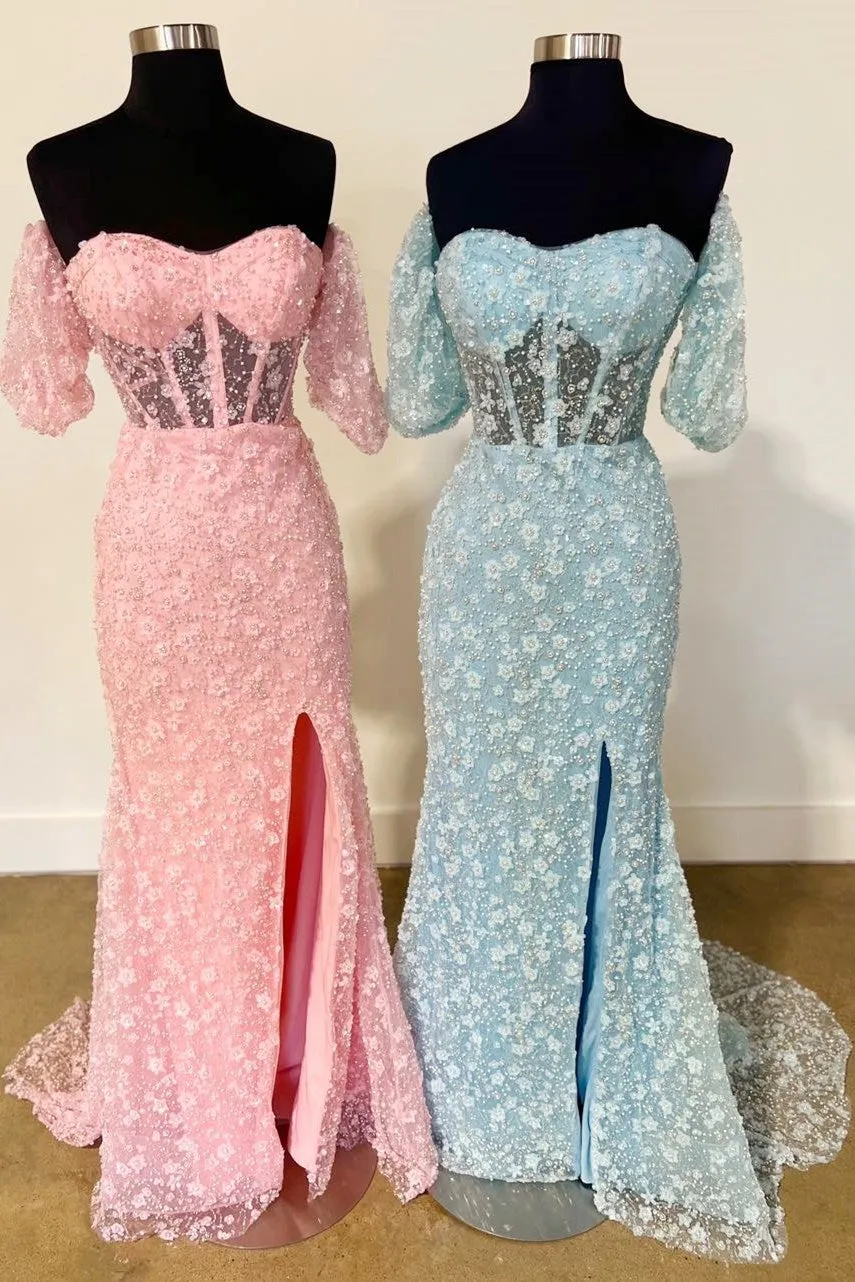 Mindy | Pink 3D Floral Lace Sweetheart Mermaid Long Prom Dress with Slit sold by KissProm