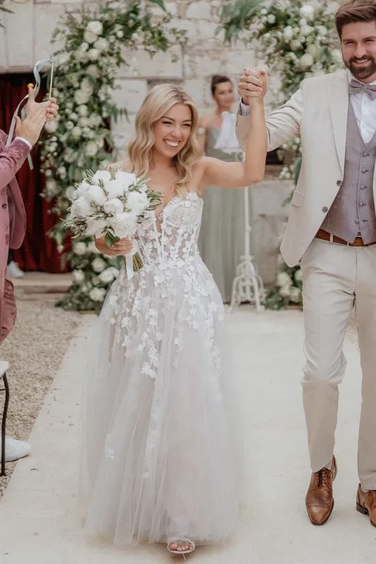 A-Line Sweetheart Tulle Wedding Dresses with Appliques sold by KissProm