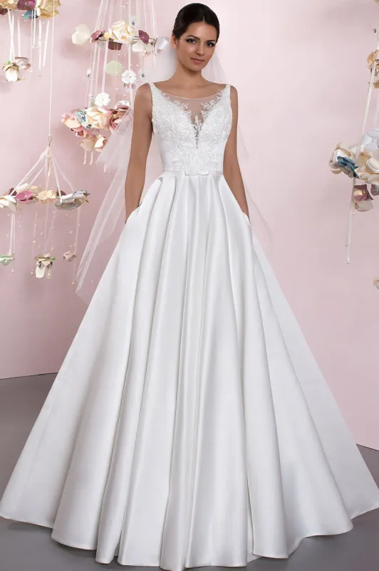 Mizu | A-Line Illusion Neck Sleeveless Floor-Length Satin Wedding Dress With Pleats sold by KissProm