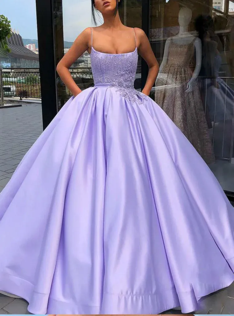 Lavender Ball Gown Spaghetti Straps Satin Dress With Pocket Quinceanera Dress sold by KissProm product image thumbnail 3