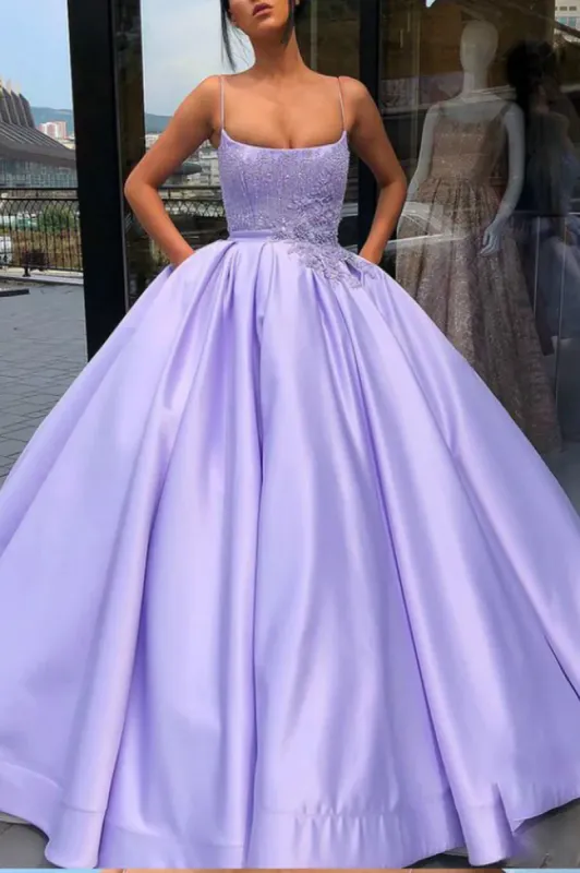 Lavender Ball Gown Spaghetti Straps Satin Dress With Pocket Quinceanera Dress sold by KissProm