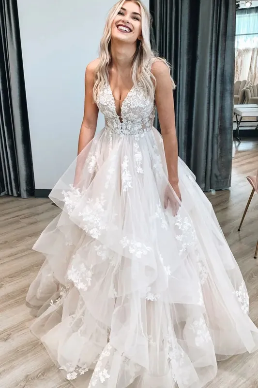 Elegant A-Line V Neck Wedding Dresses with Appliques sold by KissProm