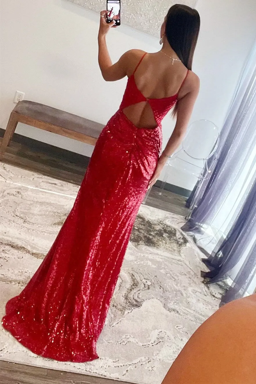 Red Sequin Plunge V Backless Mermaid Maxi Dress with Slit sold by KissProm product image thumbnail 4