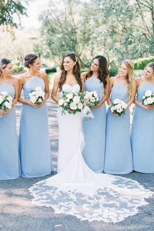 Elegant Sheath Halter Light Blue Satin Long Bridesmaid Dresses sold by KissProm