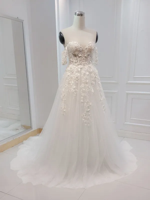 A-line White Off the Shoulder Wedding Dress With Flower Embroidery sold by KissProm
