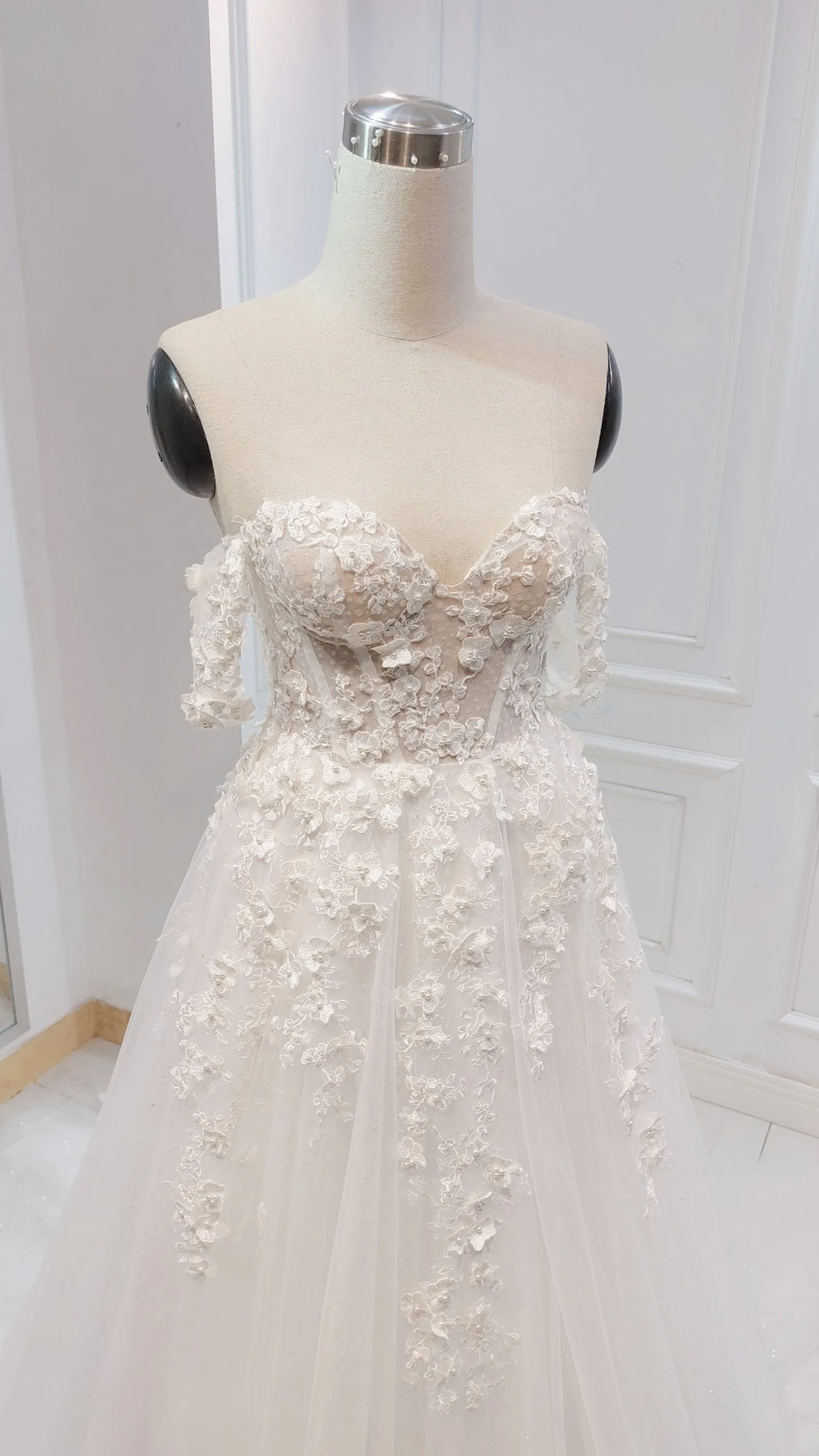 A-line White Off the Shoulder Wedding Dress With Flower Embroidery sold by KissProm product image thumbnail 2