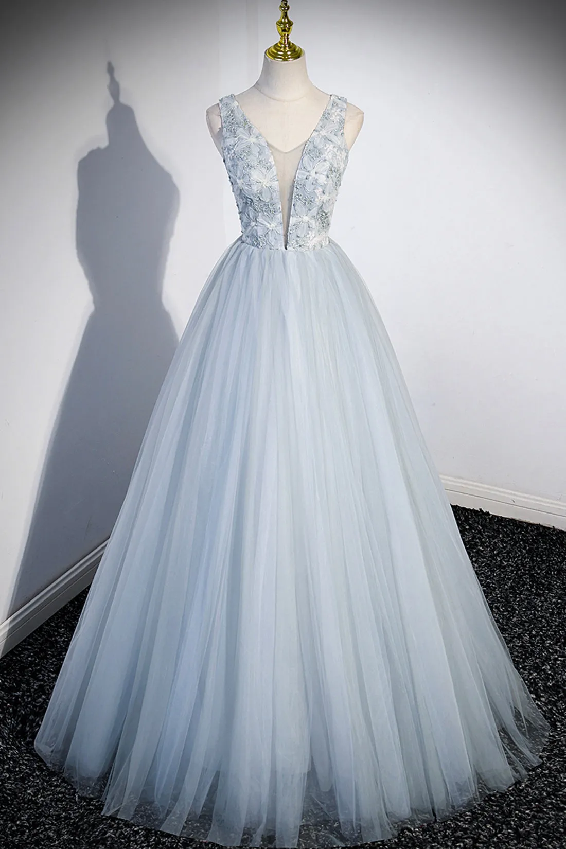 Angelica | Cute V-Neck Tulle Long Prom Dress, Gray Evening Dress Party Dress sold by KissProm
