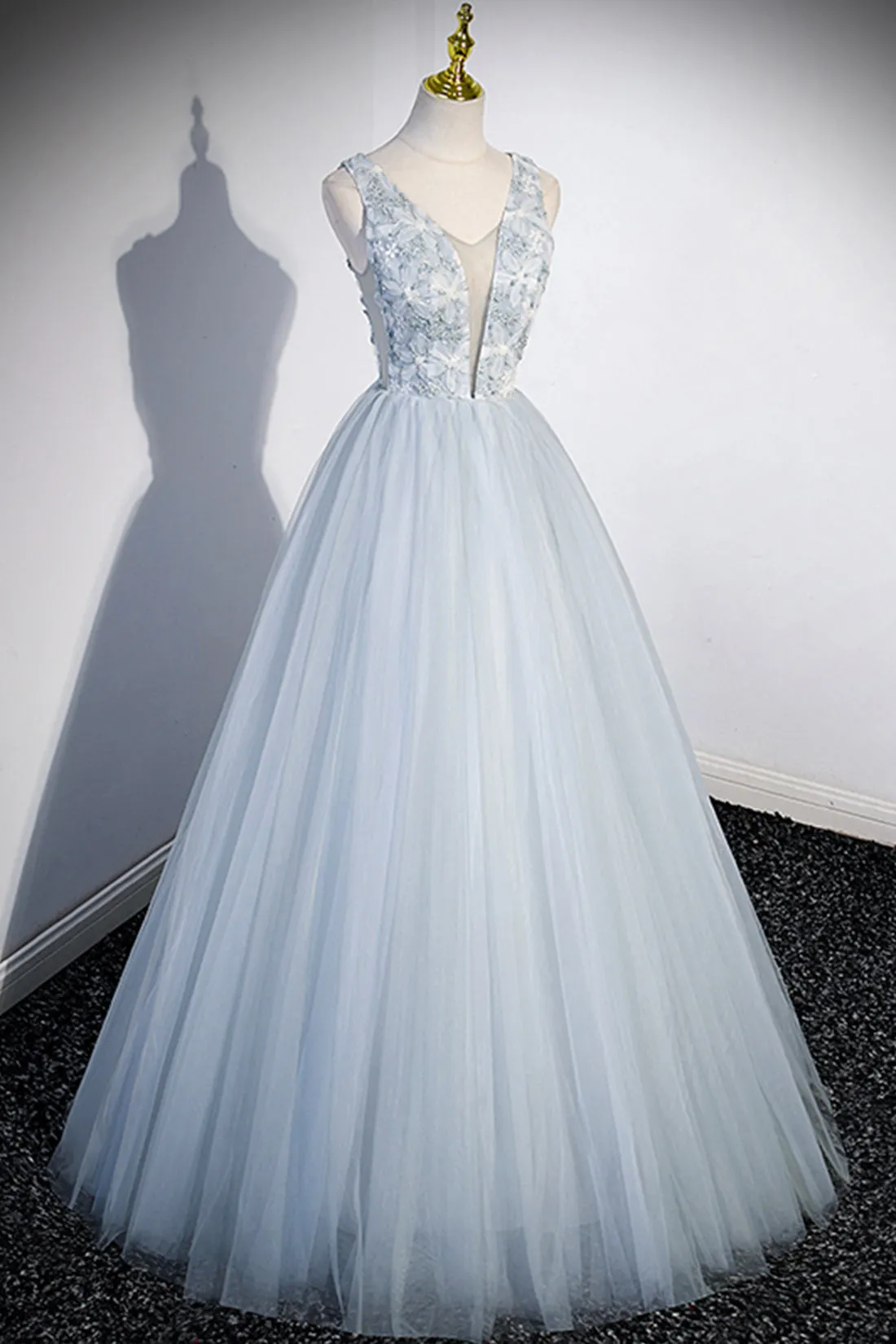 Angelica | Cute V-Neck Tulle Long Prom Dress, Gray Evening Dress Party Dress sold by KissProm product image thumbnail 4