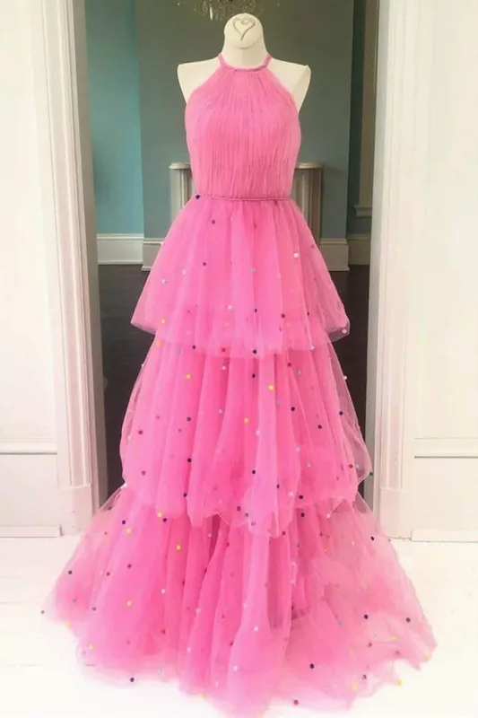 Tessa | Hot Pink A-Line Tulle Prom Dress with Colorful Dots sold by KissProm