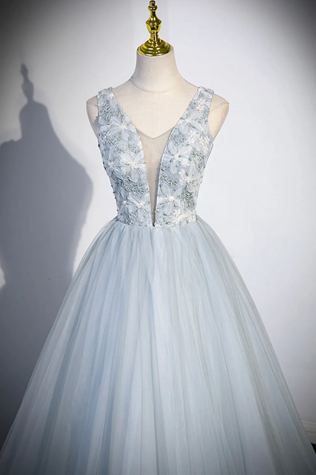 Angelica | Cute V-Neck Tulle Long Prom Dress, Gray Evening Dress Party Dress sold by KissProm product image thumbnail 2