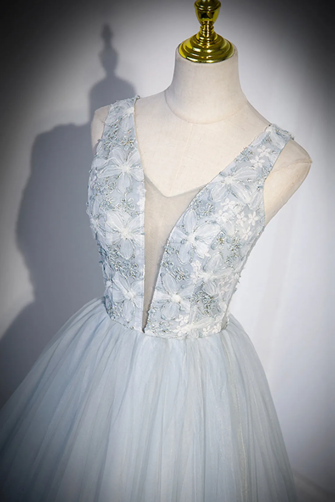 Angelica | Cute V-Neck Tulle Long Prom Dress, Gray Evening Dress Party Dress sold by KissProm product image thumbnail 3