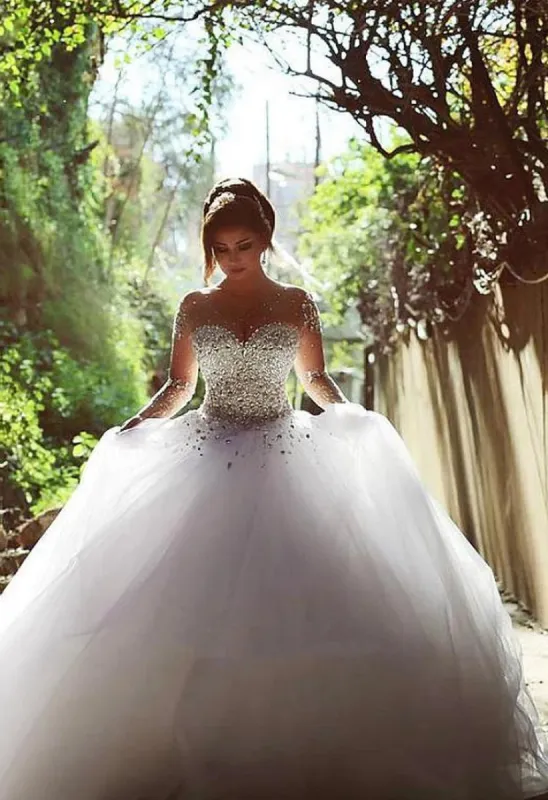 Vintage Long Sleeve Beadings Ball Gown Tulle Lace-Up Wedding Dress sold by KissProm