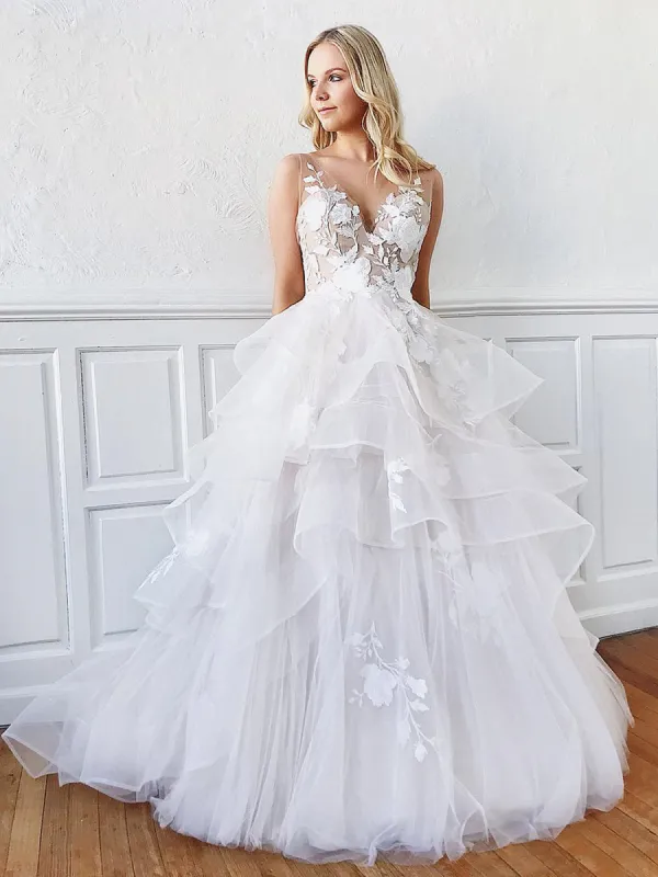 Sleeveless A Line V Neck Backless White Floral Lace Appliques Wedding Dresses sold by KissProm