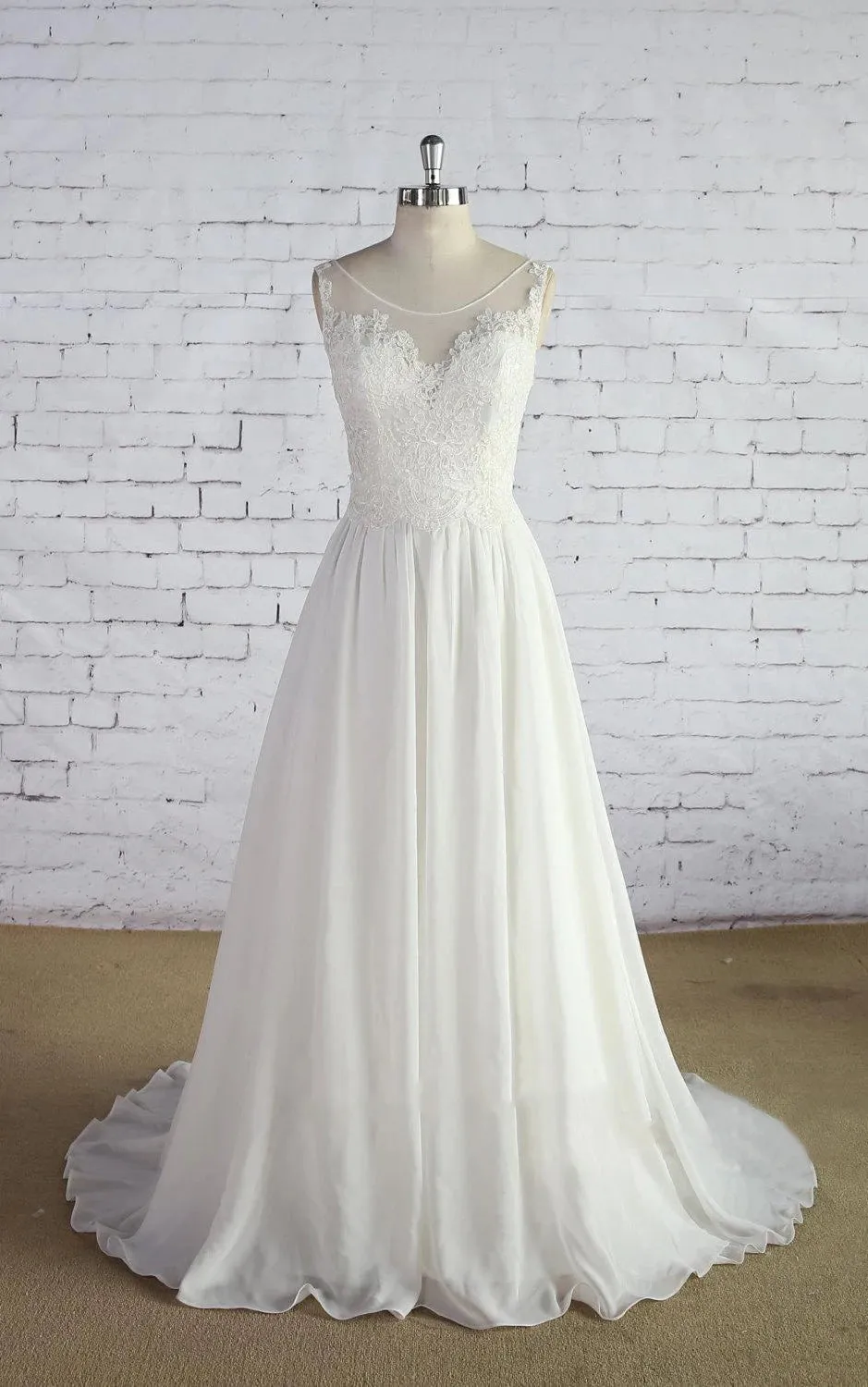 Scoop Neck Sleeveless Long A-Line Chiffon Wedding Dress With Lace Bodice sold by KissProm