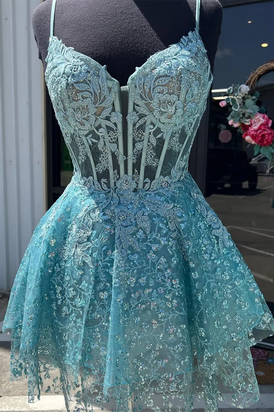 Heiden | A-Line Spaghetti Straps Short Homecoming Dress with Appliques sold by KissProm product image thumbnail 4