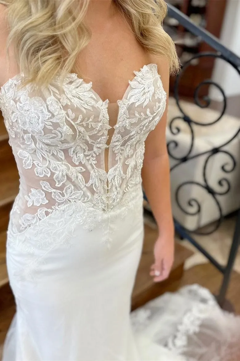 Lace White Strapless Appliques Mermaid Long Wedding Dress sold by KissProm product image thumbnail 4